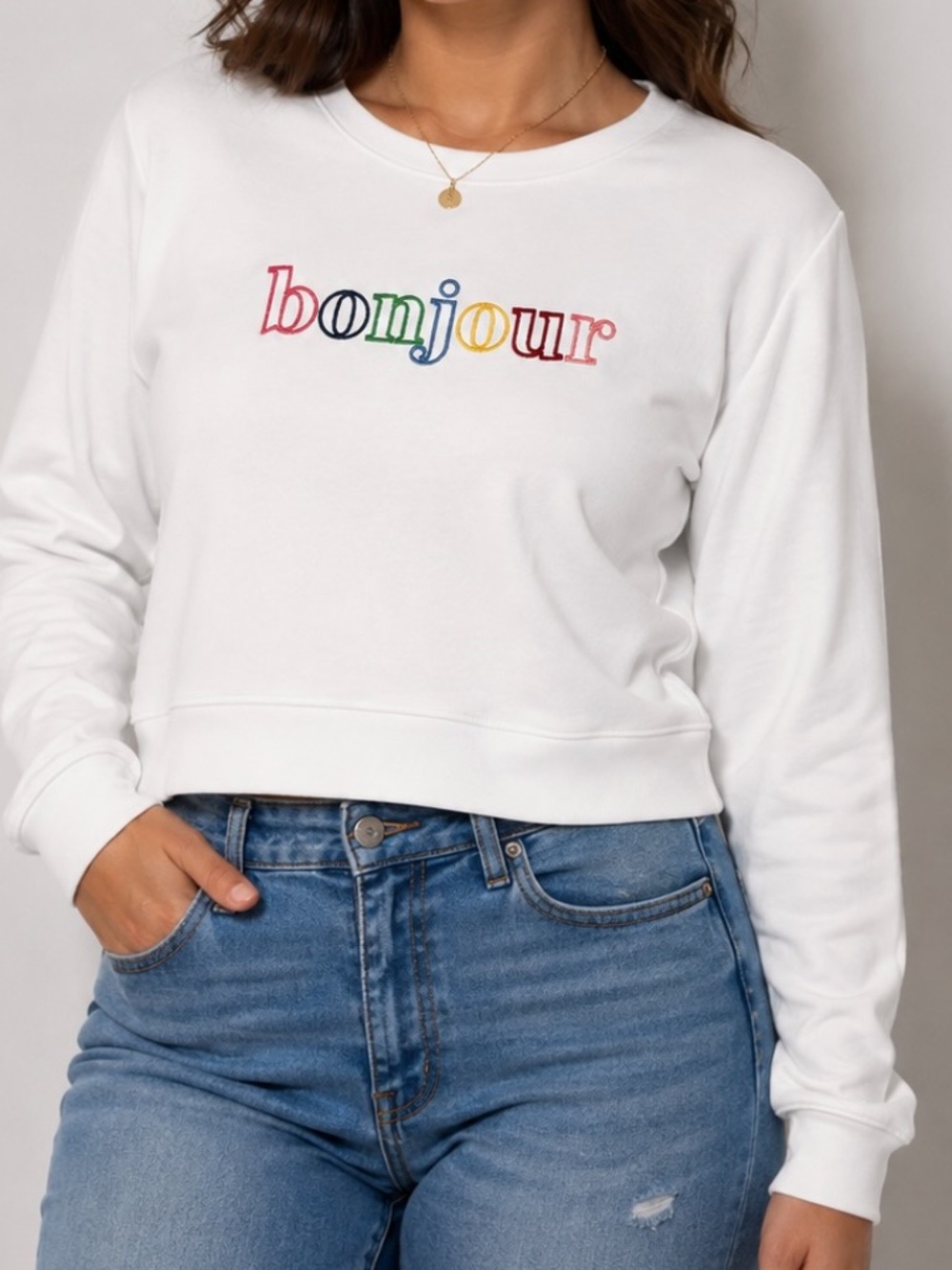 J Crew Sweatshirt Womens Size Medium White Bonjour Graphic Casual Normcore